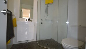 A modern bathroom with a glass-enclosed shower, a white toilet, and a sink with a mirror above it. - The Holdfast Townhouse Sussex St Glenelg (Glenelg)