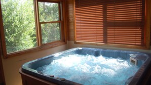 A hot tub in a room with wooden walls and large windows. - Unique Rockhouse,  private jacuzzi, bush views (Rosebrook)