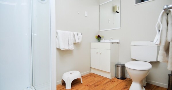 A modern bathroom with a white toilet, a small white cabinet, a white sink, and a shower area. - 'Ocean Dreaming' with Views and Spa Pool (Nelson City)