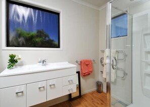 Shower, hair dryer, towels, toilet paper