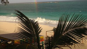 Une plage avec un arc-en-ciel, des palmiers et l’océan.