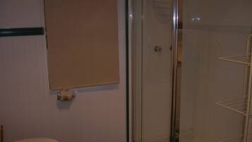 Shower, hair dryer, towels, toilet paper