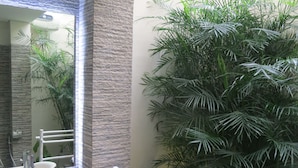 Een badkamer met een wit wastafel, een spiegel, een houten wastafelmeubel en een grote groene plant.