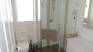 Shower, hair dryer, towels, toilet paper