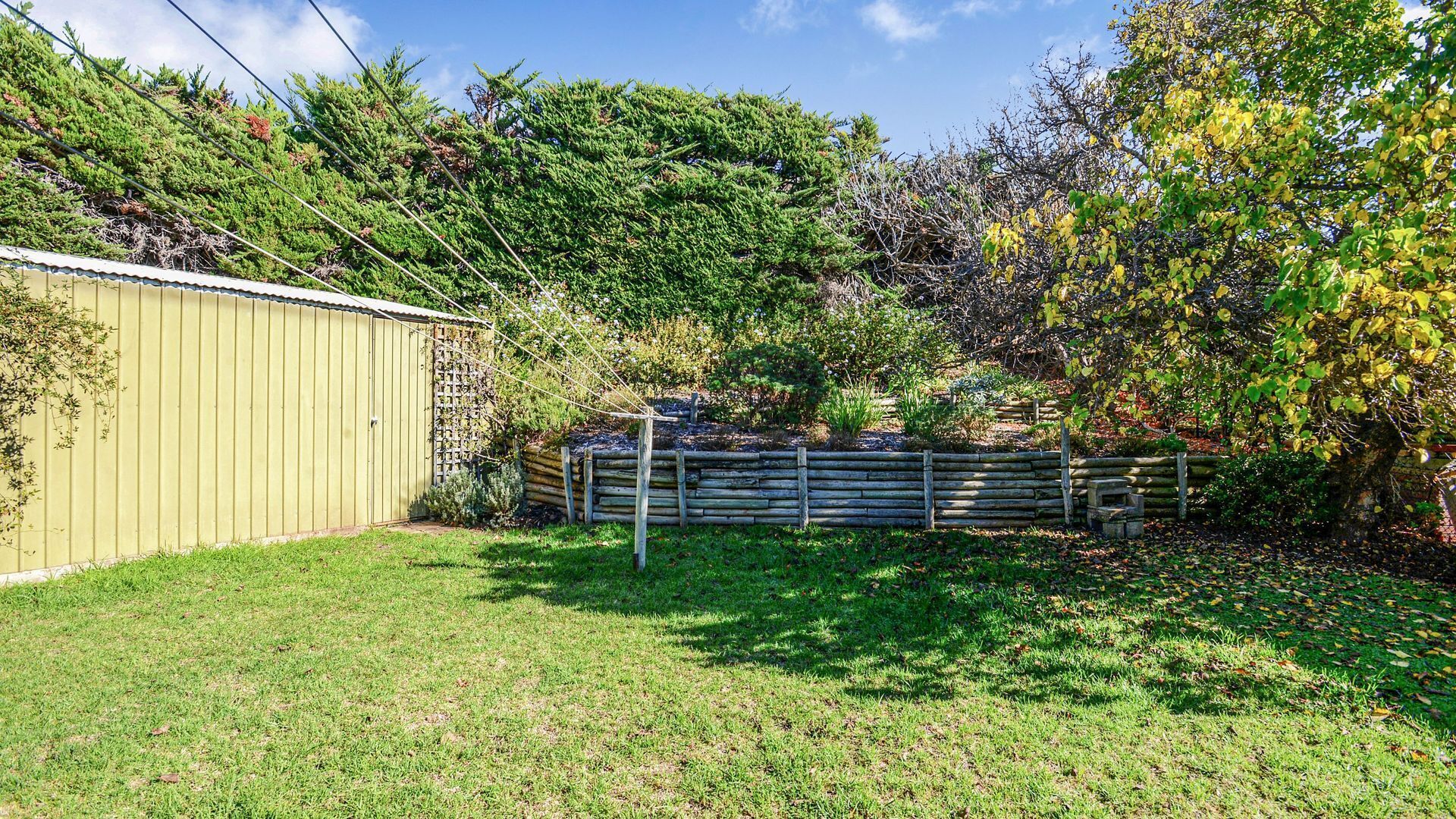 A fenced yard with a shed, a wooden fence, and various trees and shrubs.