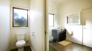 A modern bathroom with a toilet, a glass shower enclosure, a dark-colored vanity, and a mirror above the sink.