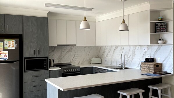 Fridge, microwave, oven, dishwasher