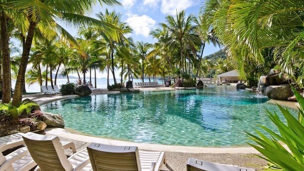 Zona de piscina con sillas de descanso, palmeras y vista al mar.