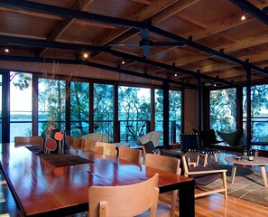 Dining - Noosa Luxury Lakehouse 3 bedroom  - lake front decks, double spas, wood fire (Sunshine Coast)