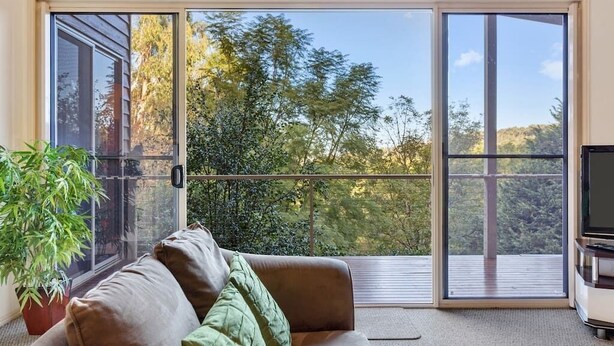Una habitación con una puerta corrediza de vidrio que da a un balcón, un sofá marrón con cojines, una planta en maceta y un televisor sobre un mueble.