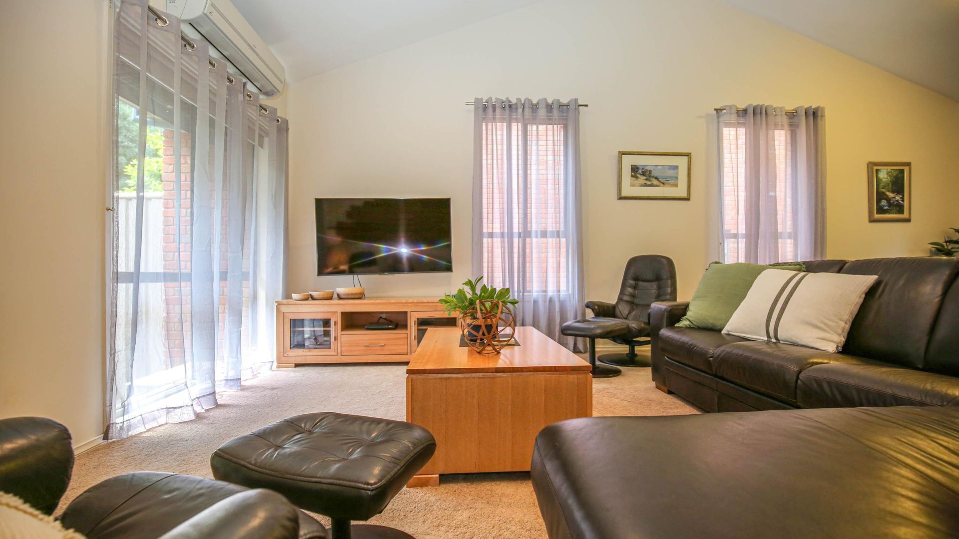 A living room with a leather sofa, a wooden coffee table, a TV, and a plant.