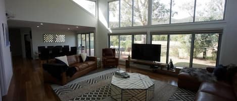 Smart TV, fireplace, DVD player, books