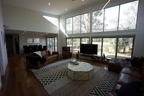 Smart TV, fireplace, DVD player, books