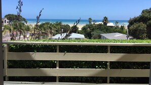 Vista costera con playa, palmeras y casas.