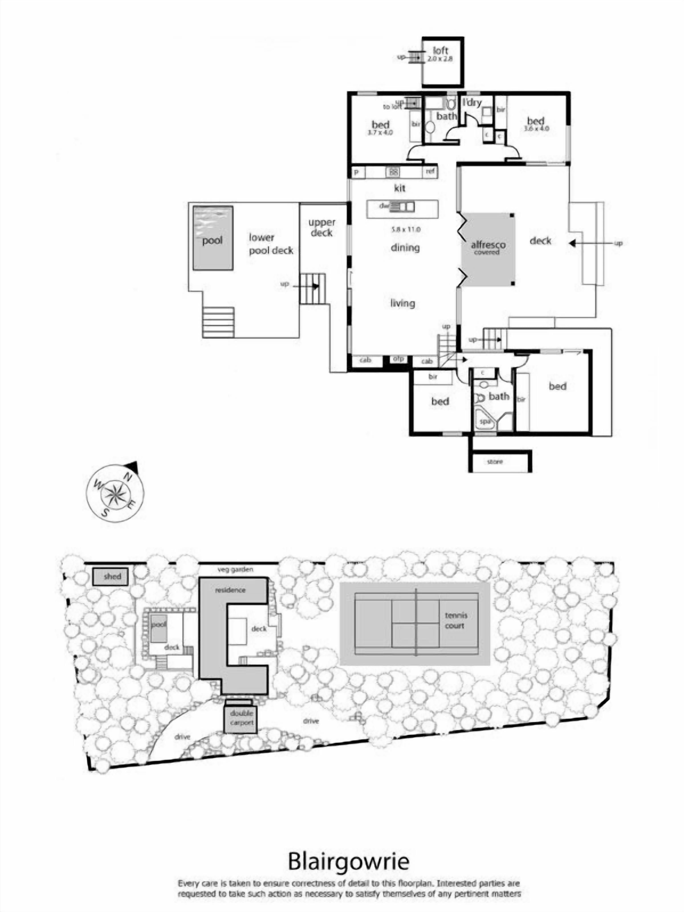 Grundriss von Blairgowrie mit Pool, Wohnbereich, Essbereich, Küche und Tennisplatz.