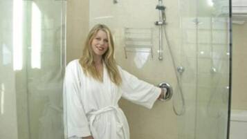 Jetted bath, hair dryer, towels, soap