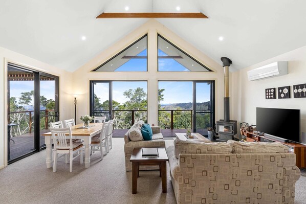 Flatskjerm-TV, peis, DVD-spiller og stereoanlegg