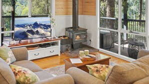 A cozy living room with a television, a fireplace, and a view of the outdoors.