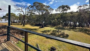 A wooden deck with a metal railing overlooking a grassy area with trees and a body of water in the background.