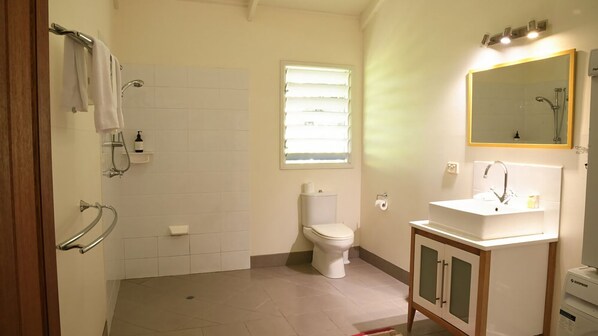 A bathroom with a toilet, a shower, a sink, and a mirror.