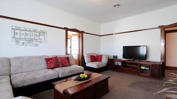 TV, DVD player, video library, stereo