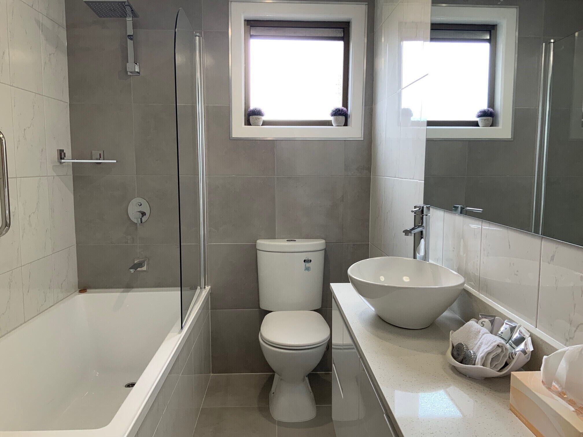 Combined shower/tub, hair dryer, towels, soap