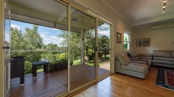 Smart TV, fireplace, DVD player, books