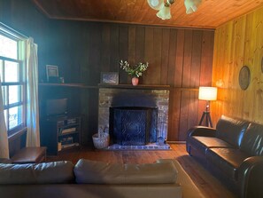 Een open haard en een dvd-speler