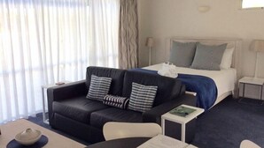 A hotel room with a black leather sofa, a bed with striped pillows, a small bedside table, and a window with curtains. - Garden Studio ~ Coromandel Apartments (Coromandel Township)