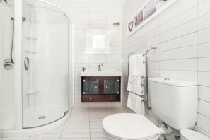 Combined shower/tub, hair dryer, towels, soap