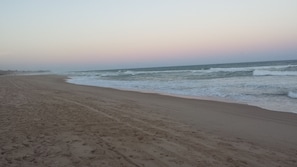A beach with a sandy shore and waves.