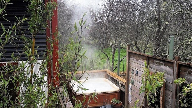 A hot tub surrounded by wooden decking and bamboo plants.