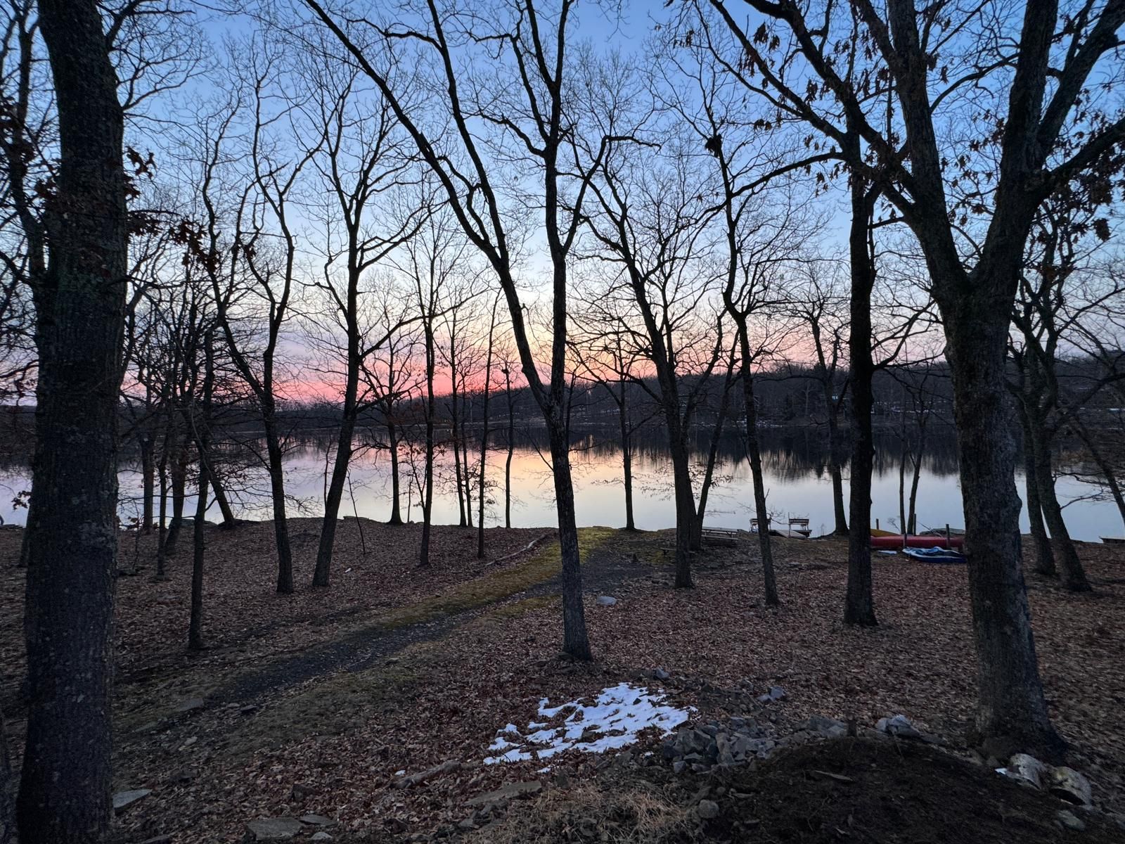 A lakeside view with trees and a dock.