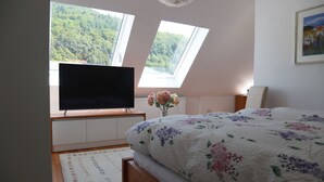 A bedroom with a bed, a TV, a window, and a radiator. - Ferienwohnungen Ries (Eusserthal)