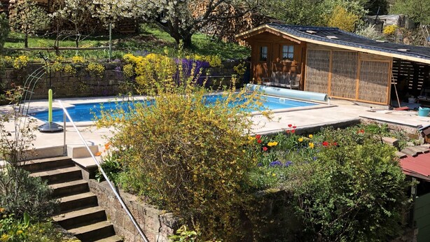 A wooden cabin with a pool, surrounded by blooming trees and a stone staircase leading to the pool area. - Ferienwohnungen Ries (Eusserthal)
