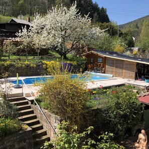 A wooden cabin with a pool, surrounded by blooming trees and a stone staircase leading to the pool area. - Ferienwohnungen Ries (Eusserthal)