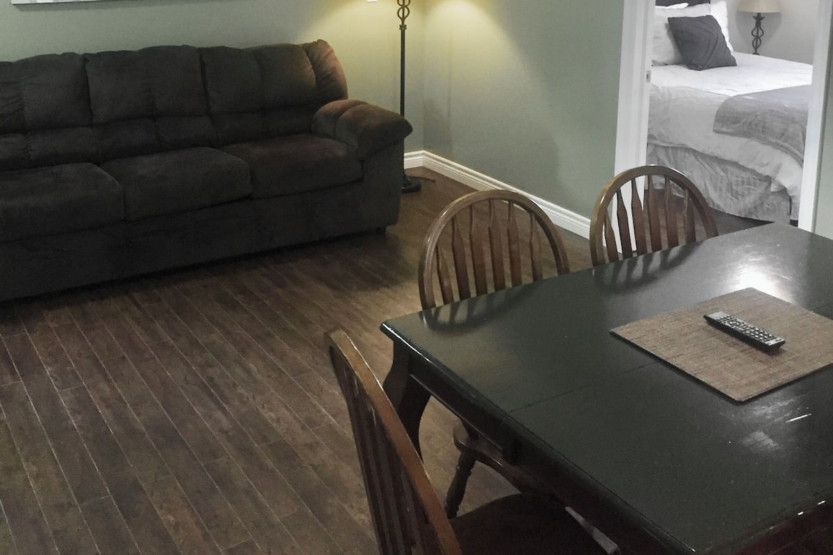 Una sala de estar con un sofá verde oscuro, una mesa de comedor con sillas, una lámpara de pie y un cuadro en la pared.