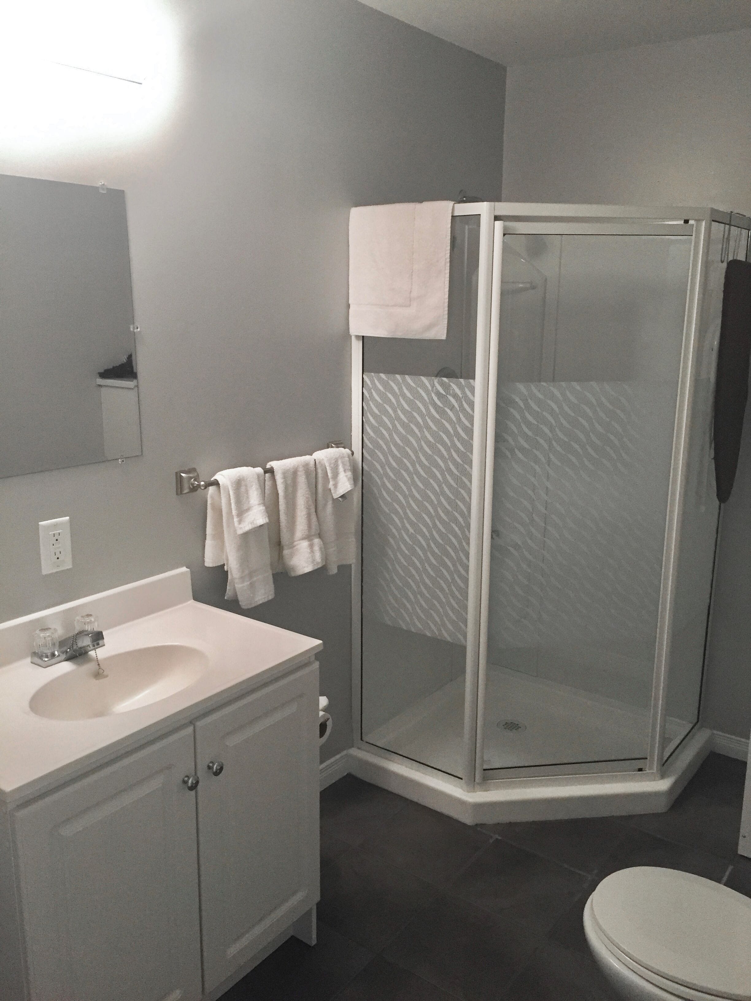 Une salle de bain équipée d’une douche, d’un lavabo, d’un miroir et de toilettes.