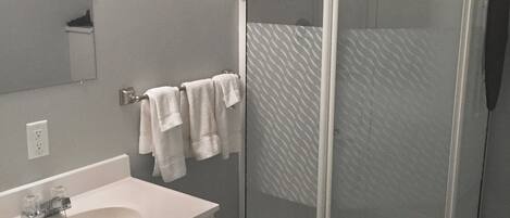 Une salle de bain équipée d’une douche, d’un lavabo, d’un miroir et de toilettes.