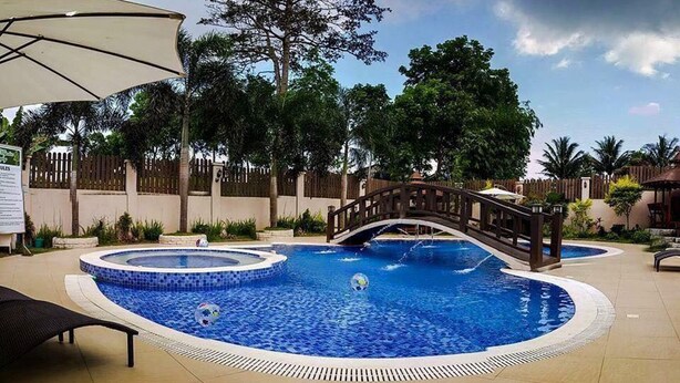 Une piscine avec un pont, entourée de palmiers et d’une clôture en bois.