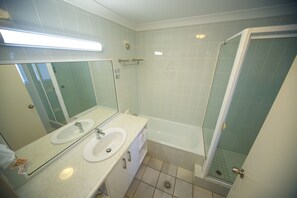 Bathtub, hair dryer, towels, toilet paper