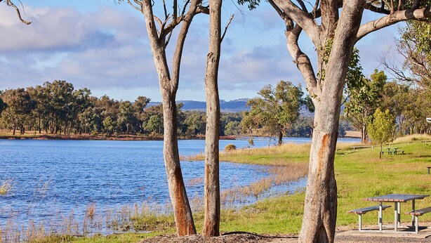 A lakeside park with picnic tables and a bench.