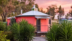 A small, pink building with a metal roof and a chimney, surrounded by green plants.