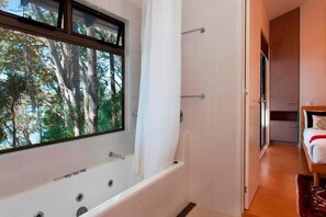 Combined shower/tub, eco-friendly toiletries, hair dryer, bathrobes