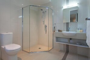 Combined shower/bathtub, hair dryer, bathrobes, towels