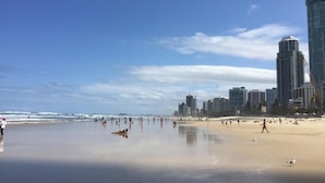 A beach with a city skyline in the background. - Beautiful Beach Front Apart. sleep six available Dec 26th 2026 - Jan 9th 2027. (Coolangatta)