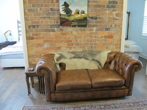 Smart TV, fireplace, books, stereo