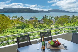 Une table avec une bouteille et des verres, un saladier de fruits, et une vue sur un paysage tropical avec de l’eau et des collines.