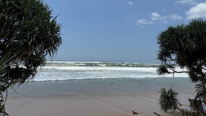 A beach with waves, palm trees, and a clear sky.