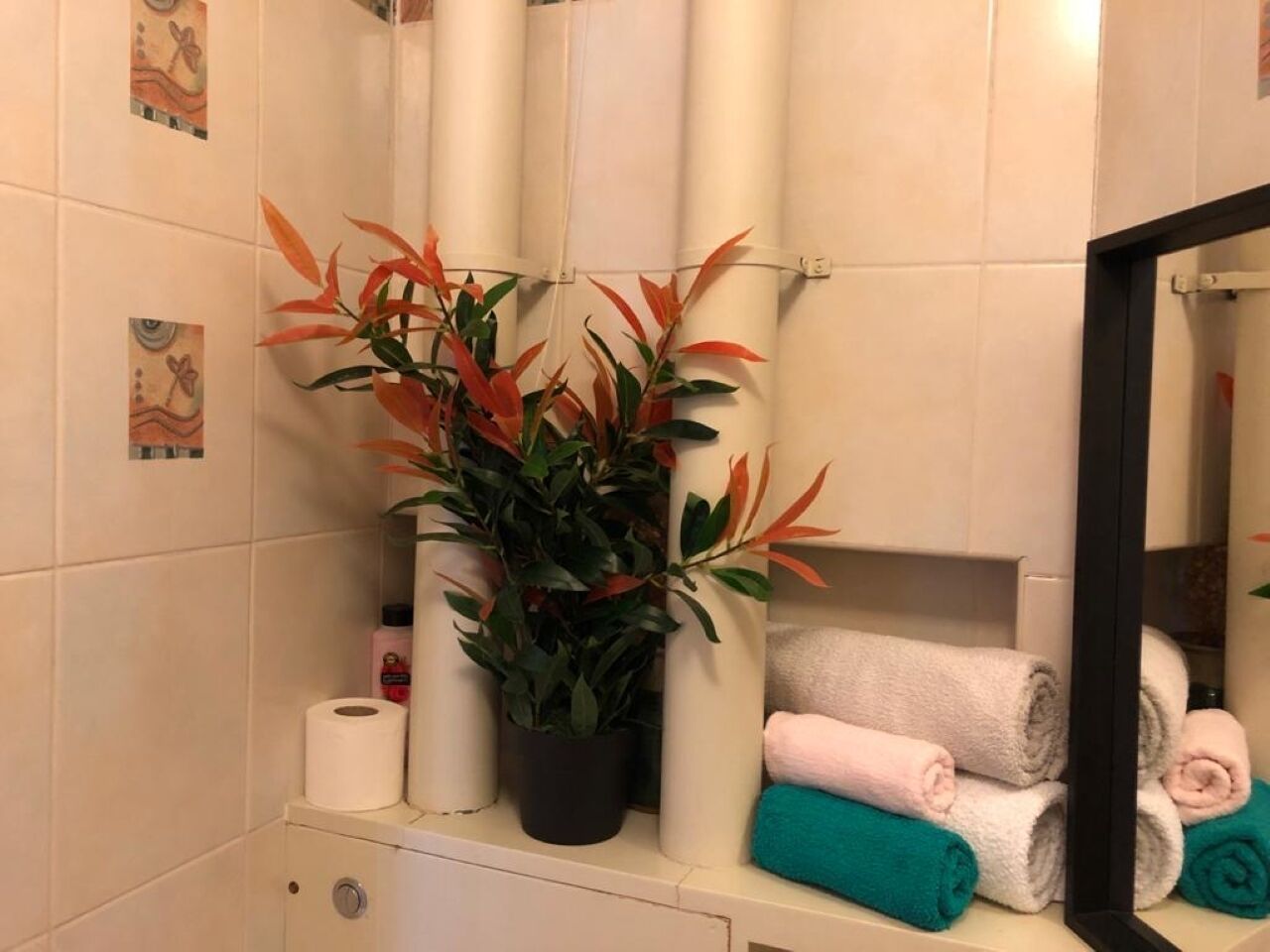 Um banheiro com vaso sanitário, uma planta em vaso, um porta-toalhas com toalhas e um espelho.